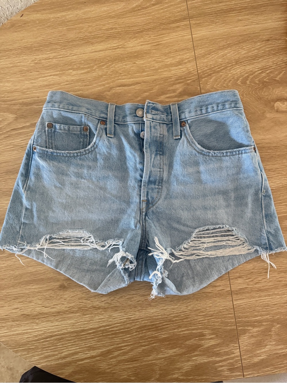 Levi's Light Blue Distressed High-Rise Denim Shorts
